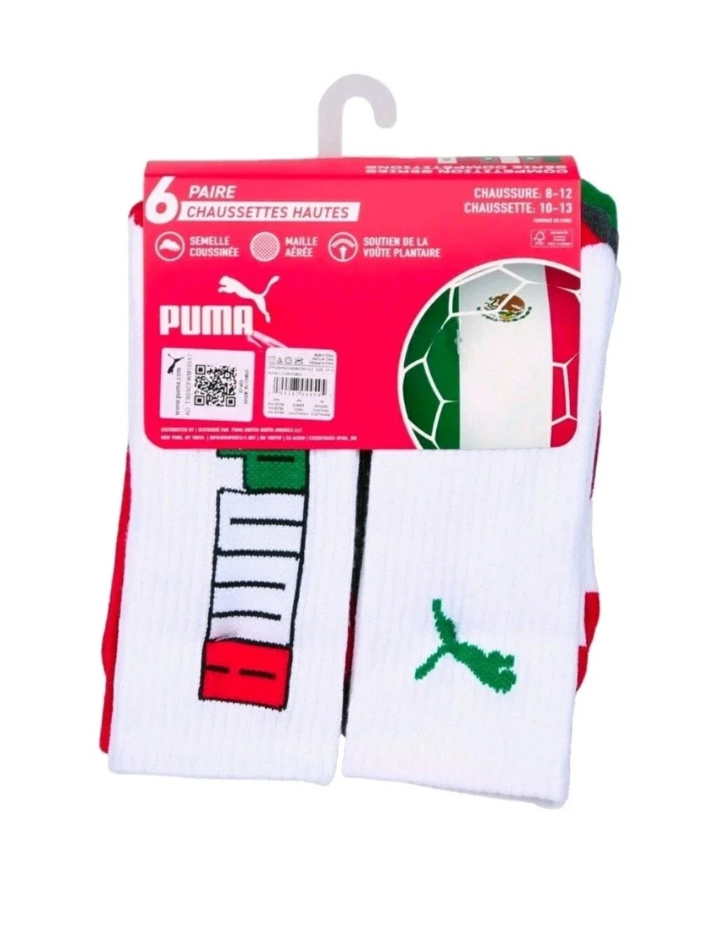 PUMA: MEN'S: (6) PACK: MEXICO: CREW SOCKS: SOCCER: SIZE: 10-12: BRAND NEW
